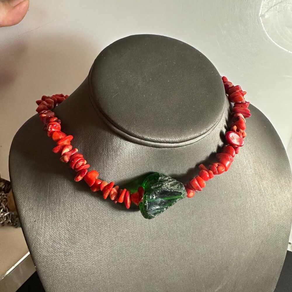 Green Sea Glass Red Coral Pendant Sterling Silver Necklace 925 Handmade Beach - Picture 11 of 11